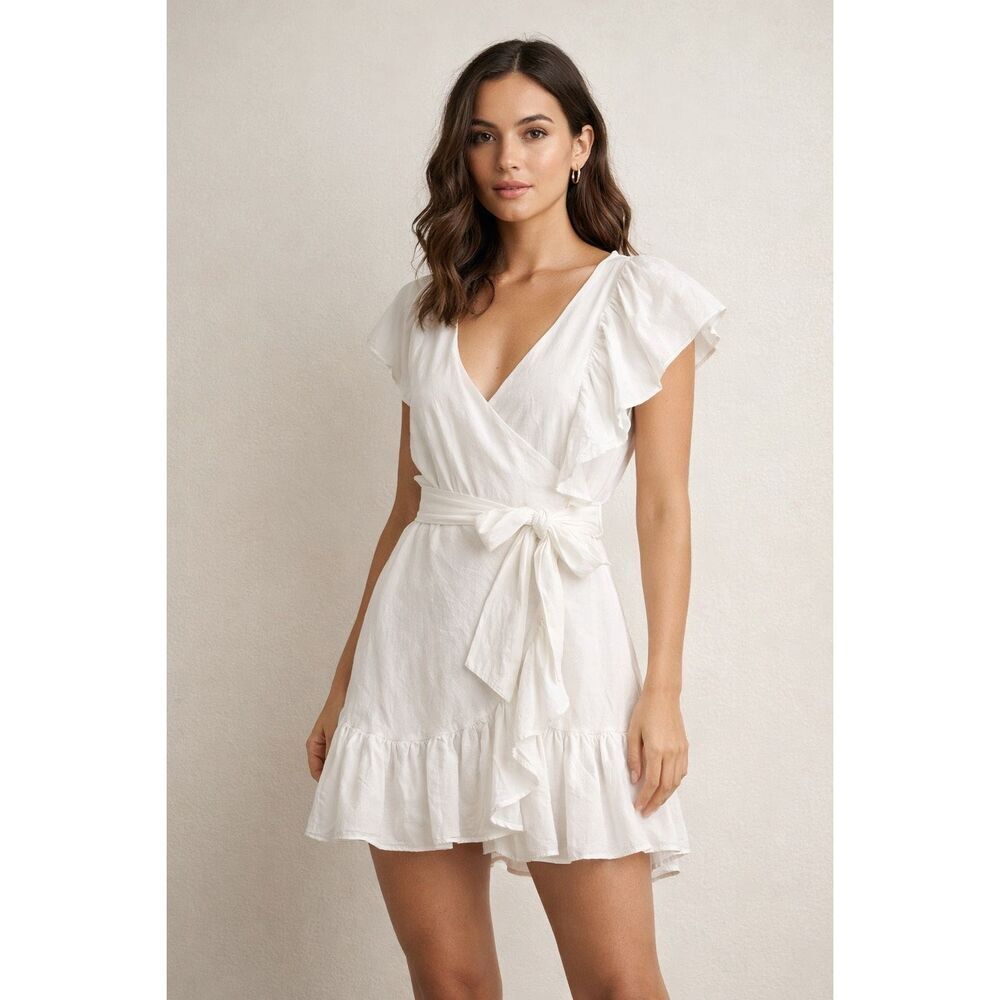 Valtadoros Mykonos White Ruffle Wrap Mini Dress Women Small